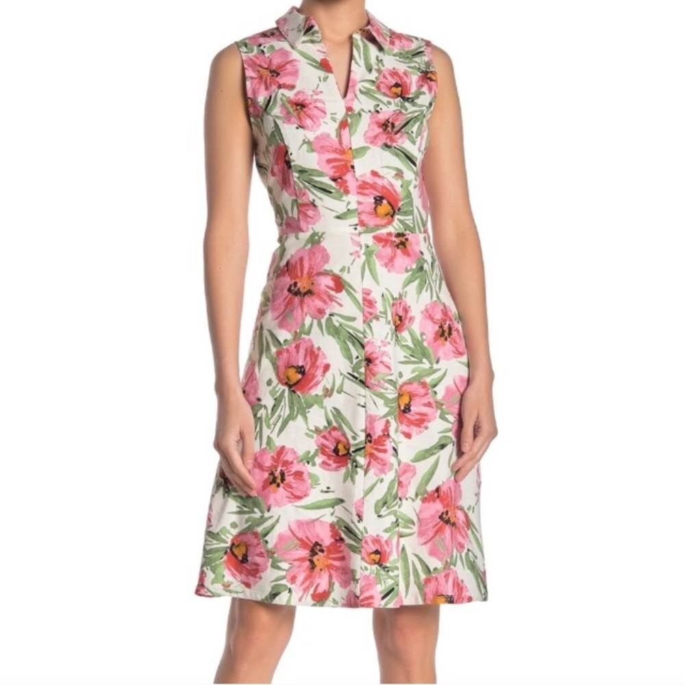 T Tahari ivory pink floral collared a line dress size 4